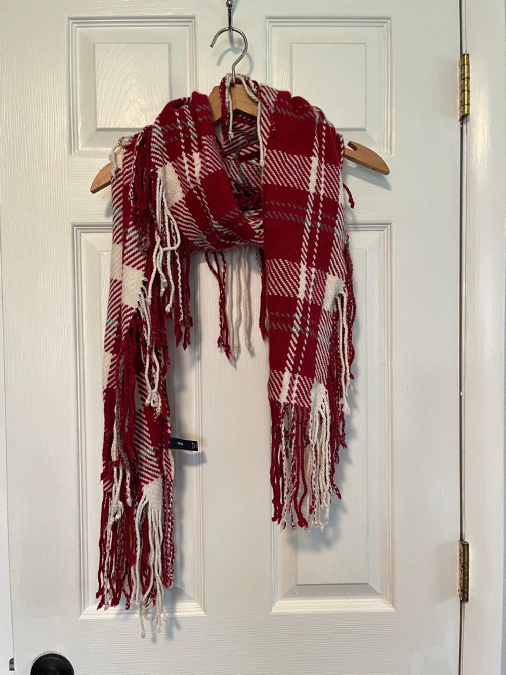 GAP Red and White Plaid Fringe Wrap Scarf